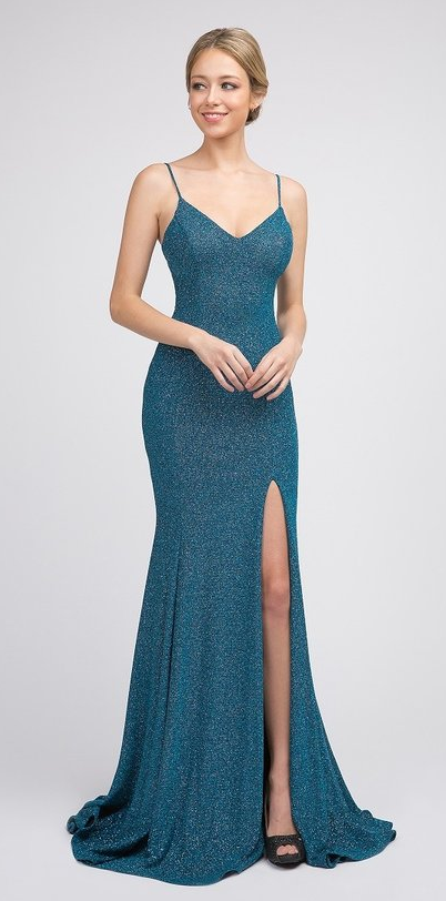 Metallic Jersey Spaghetti Straps and Slit Formal Dress