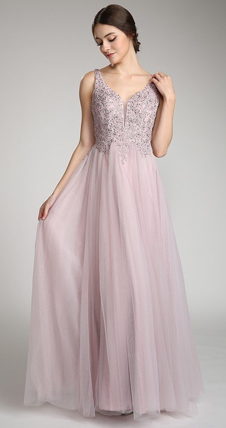 A-line V-neck Open back Tulle trim with Beaded Embroidered Formal Dress