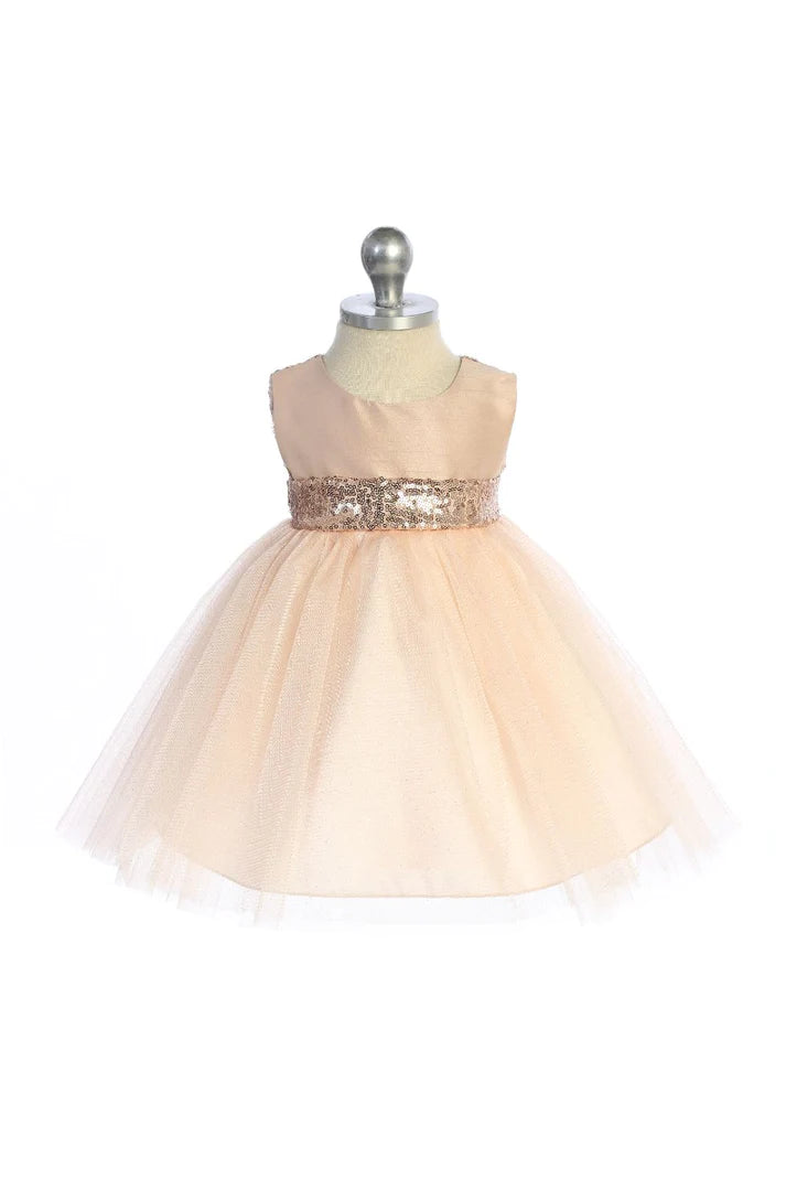 Dupioni Bodice with V back gold sequin bow 498B Baby Dress