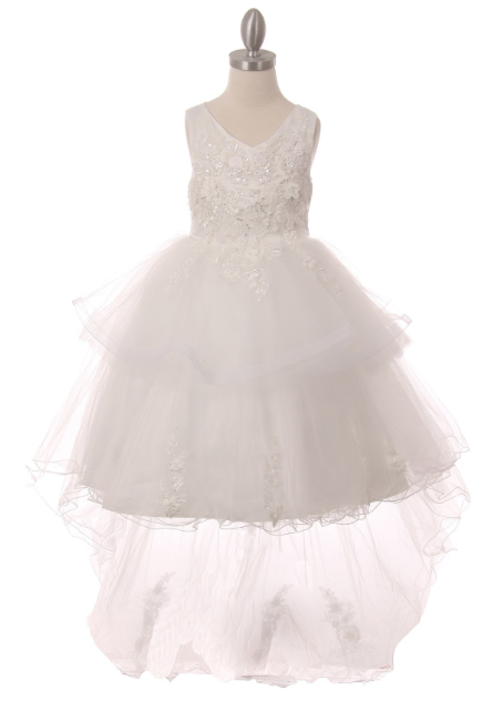 Lace appliques with sequin pearl beads train V-neck dress