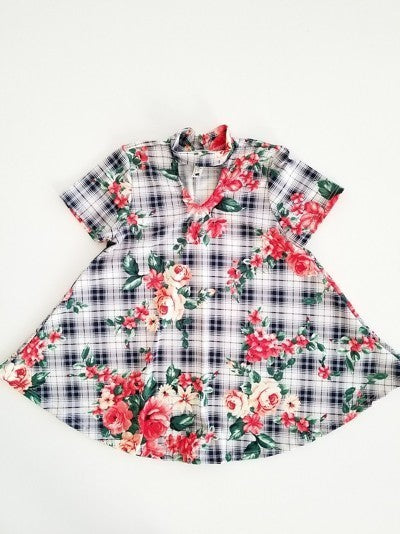 Floral & Checkered Key Hole Flowy Top